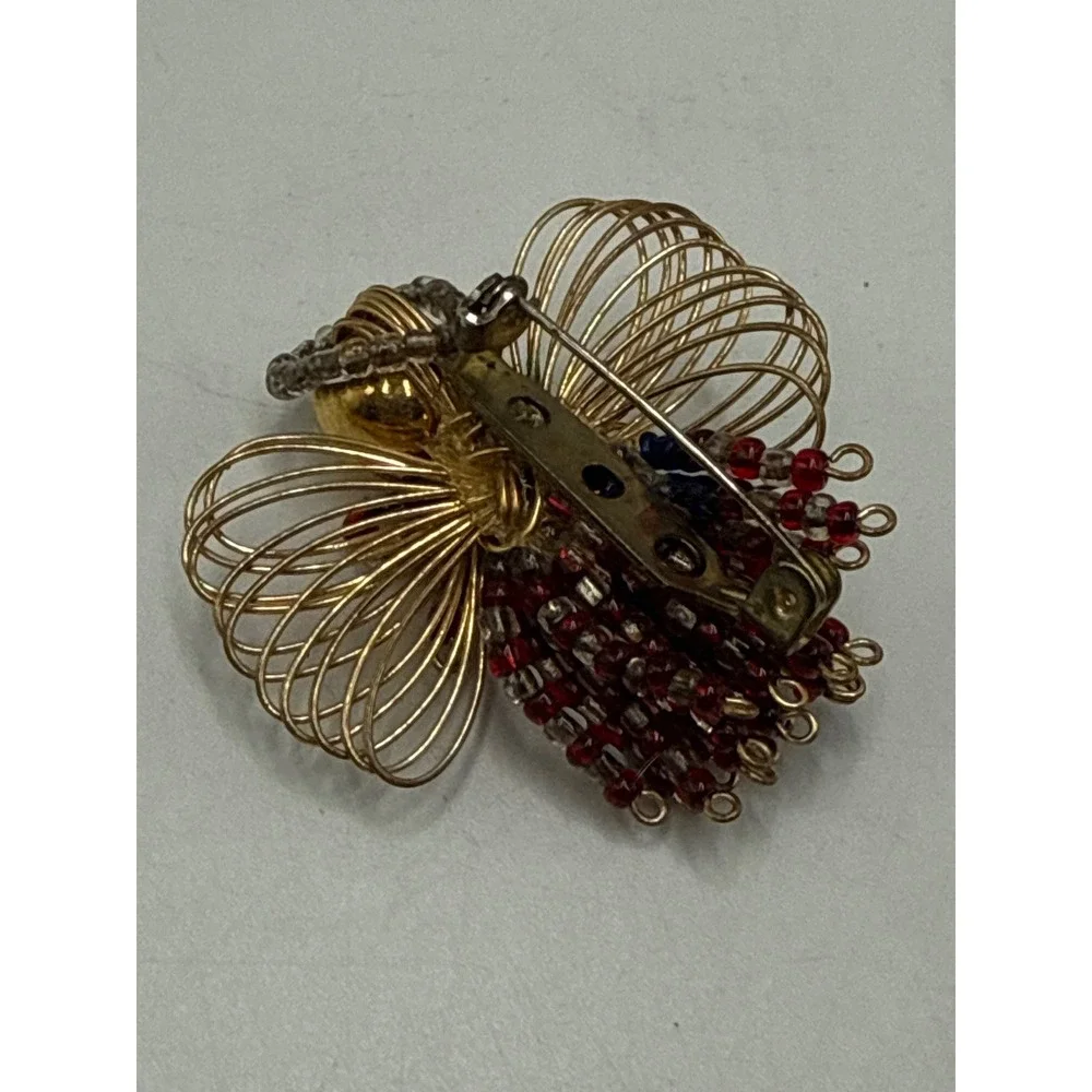 Vintage Patriotic Angel Brooch Wire Wrapped Red White Blue Beaded Pin Gold Tone